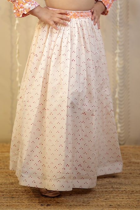 Buy_Tiny Colour_Peach , Muslin, Floral Block Print Pleated Blouse With Lehenga _Online_at_Aza_Fashions