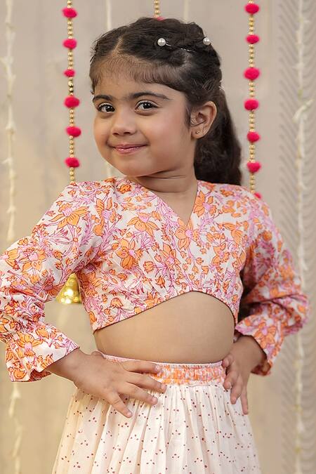 Shop_Tiny Colour_Peach , Muslin, Floral Block Print Pleated Blouse With Lehenga _Online_at_Aza_Fashions