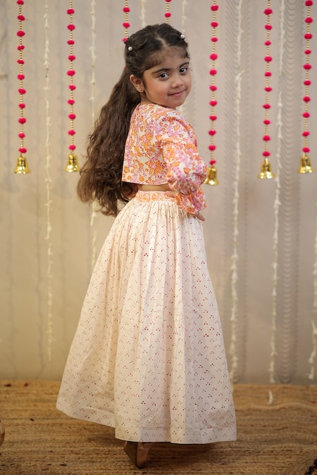 Tiny Colour_Peach , Muslin, Floral Block Print Pleated Blouse With Lehenga _at_Aza_Fashions