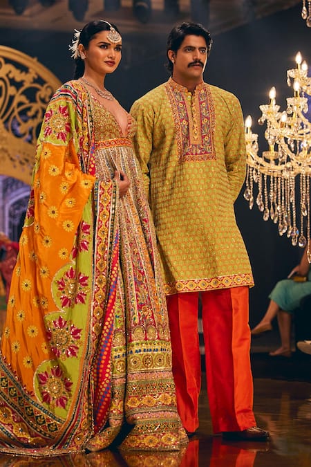 Shop The Royaleum Green Silk Embroidery Vihan Hand Kurta With Pant at Aza Fashions Shop_The Royaleum_Green Silk Embroidery Vihan Hand Kurta With Pant _at_Aza_Fashions