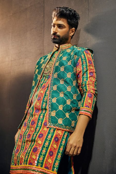 The Royaleum Multi Color Silk Embroidery Hand Kurta Set With Bundi Online at Aza Fashions The Royaleum_Multi Color Silk Embroidery Hand Kurta Set With Bundi _Online_at_Aza_Fashions