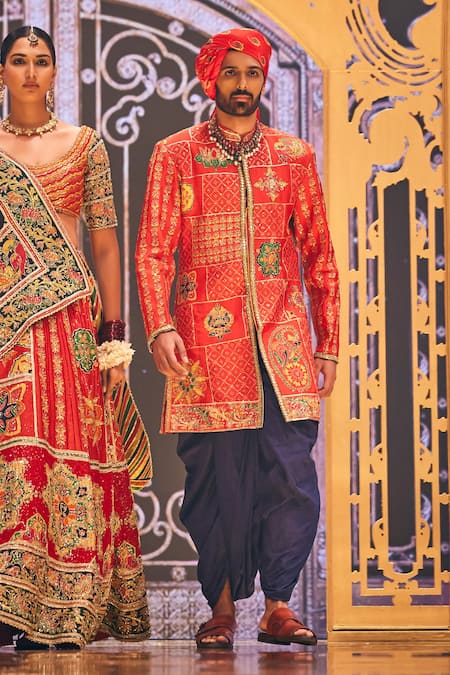 The Royaleum_Red Silk Embroidery Multi Color Hand Sherwani Set _Online_at_Aza_Fashions