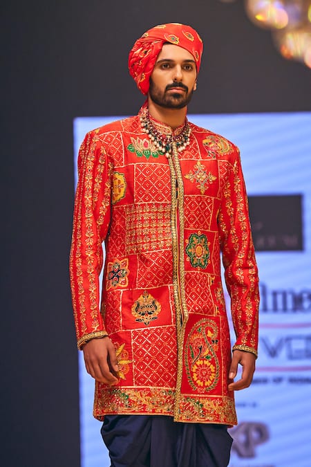 Buy_The Royaleum_Red Silk Embroidery Multi Color Hand Sherwani Set _Online_at_Aza_Fashions
