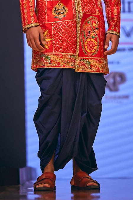 Shop_The Royaleum_Red Silk Embroidery Multi Color Hand Sherwani Set _Online_at_Aza_Fashions