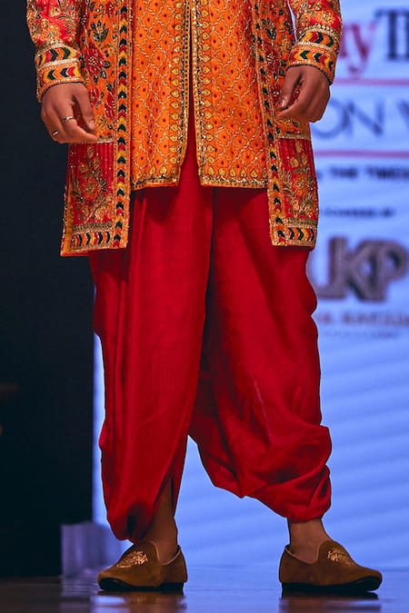 The Royaleum_Orange Silk Hand Embroidered Sherwani And Dhoti Pant Set _Online_at_Aza_Fashions