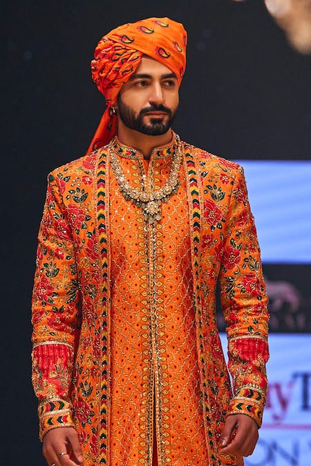 Buy_The Royaleum_Orange Silk Hand Embroidered Sherwani And Dhoti Pant Set _Online_at_Aza_Fashions