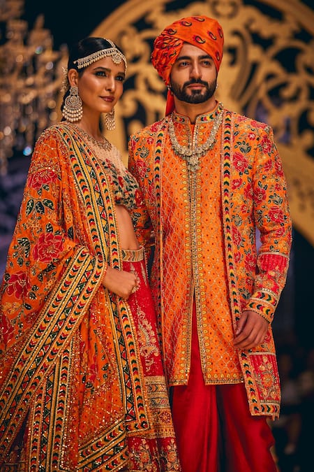 Shop_The Royaleum_Orange Silk Hand Embroidered Sherwani And Dhoti Pant Set _Online_at_Aza_Fashions