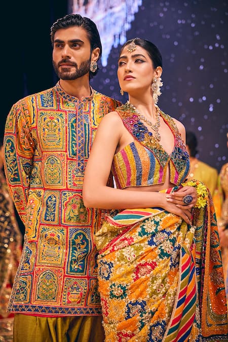 Shop The Royaleum Multi Color Silk Embroidery Naeem Hand Kurta With Pant Online at Aza Fashions Shop_The Royaleum_Multi Color Silk Embroidery Naeem Hand Kurta With Pant _Online_at_Aza_Fashions