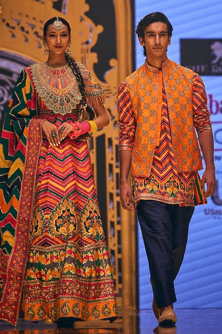Shop_The Royaleum_Multi Color Silk Embroidery Floral Zigzag Bundi And Kurta Set _at_Aza_Fashions