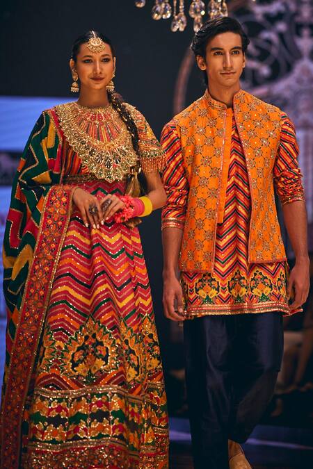 The Royaleum_Multi Color Silk Embroidery Floral Zigzag Bundi And Kurta Set _Online_at_Aza_Fashions