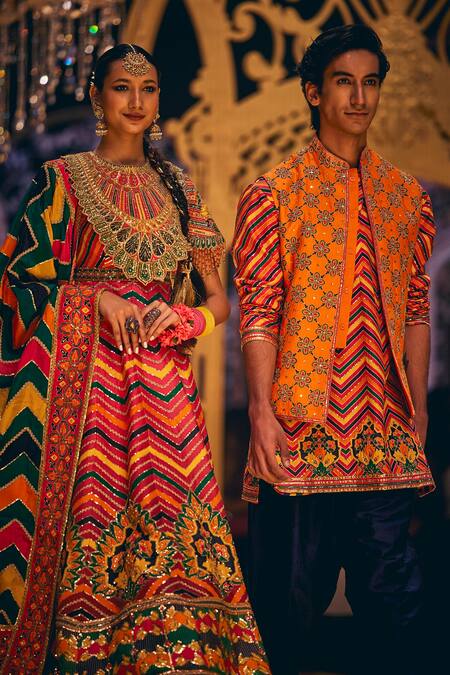 Buy_The Royaleum_Multi Color Silk Embroidery Floral Zigzag Bundi And Kurta Set _Online_at_Aza_Fashions