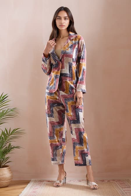 Samyukta Singhania Multi Color Cotton Print Abstract Lapel Collar Jacket With Pant 