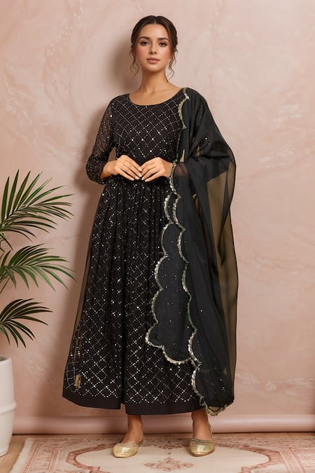 Samyukta Singhania Black Faux Georgette Lining Cotton Embroidery Jaal Anarkali With Dupatta 