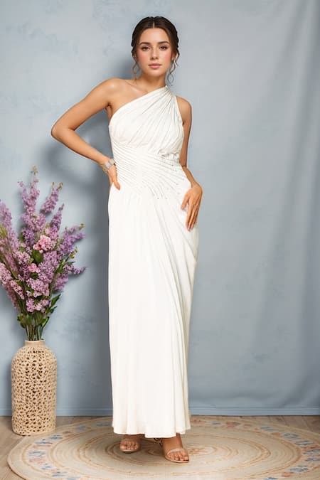 Samyukta Singhania White Satin Hand Embroidered Bead Asymmetric Ivory Angel Maxi Dress 