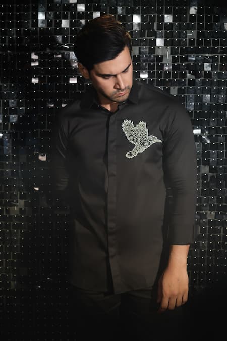 Shop Sanjana Reddy Designs Black Stretchable Cotton Embroidered Cutdana Kingfisher Shirt at Aza Fashions Shop_Sanjana Reddy Designs_Black Stretchable Cotton Embroidered Cutdana Kingfisher Shirt _at_Aza_Fashions