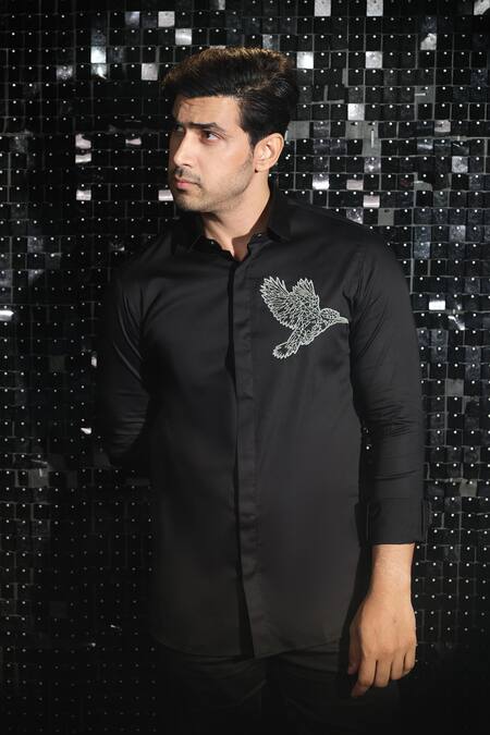 Sanjana Reddy Designs Black Stretchable Cotton Embroidered Cutdana Kingfisher Shirt Online at Aza Fashions Sanjana Reddy Designs_Black Stretchable Cotton Embroidered Cutdana Kingfisher Shirt _Online_at_Aza_Fashions