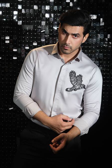 Shop Sanjana Reddy Designs Grey Stretchable Cotton Embroidered Cutdana Kingfisher Shirt at Aza Fashions Shop_Sanjana Reddy Designs_Grey Stretchable Cotton Embroidered Cutdana Kingfisher Shirt _at_Aza_Fashions