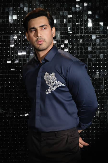 Shop_Sanjana Reddy Designs_Blue Stretchable Cotton Embroidered Cutdana Shirt _at_Aza_Fashions