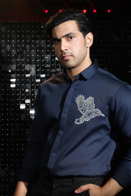 Sanjana Reddy Designs_Blue Stretchable Cotton Embroidered Cutdana Shirt _Online_at_Aza_Fashions