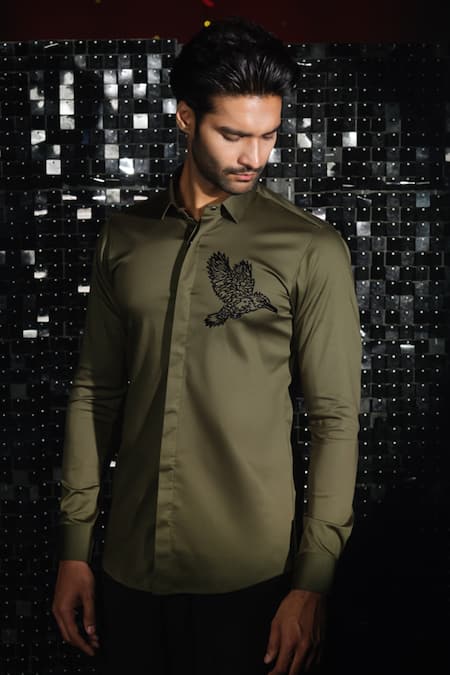 Shop Sanjana Reddy Designs Green Stretchable Cotton Embroidered Cutdana Kingfisher Shirt at Aza Fashions Shop_Sanjana Reddy Designs_Green Stretchable Cotton Embroidered Cutdana Kingfisher Shirt _at_Aza_Fashions