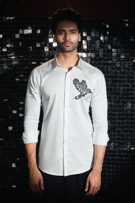 Sanjana Reddy Designs_White Stretchable Cotton Embroidered Cutdana Shirt _Online_at_Aza_Fashions