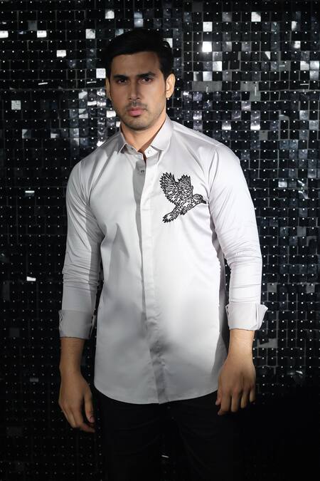 Buy_Sanjana Reddy Designs_White Stretchable Cotton Embroidered Cutdana Shirt _Online_at_Aza_Fashions