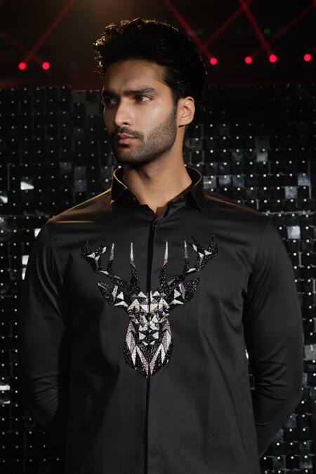 Sanjana Reddy Designs Black Stretchable Cotton Embroidered Cutdana Reindeer 3d Shirt Online at Aza Fashions Sanjana Reddy Designs_Black Stretchable Cotton Embroidered Cutdana Reindeer 3d Shirt _Online_at_Aza_Fashions