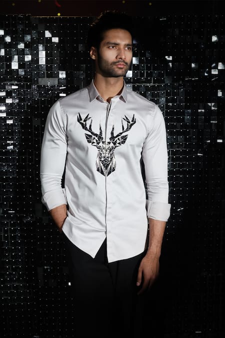 Shop_Sanjana Reddy Designs_Grey Stretchable Cotton Embroidered Cutdana 3d Reindeer Shirt _at_Aza_Fashions