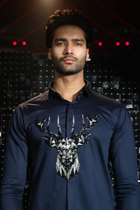 Sanjana Reddy Designs_Blue Stretchable Cotton Embroidered Cutdana Reindeer Gradient Shirt _Online_at_Aza_Fashions