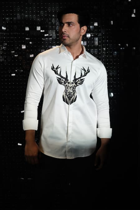 Shop Sanjana Reddy Designs White Stretchable Cotton Embroidered Cutdana Gradient 3d Shirt at Aza Fashions Shop_Sanjana Reddy Designs_White Stretchable Cotton Embroidered Cutdana Gradient 3d Shirt _at_Aza_Fashions