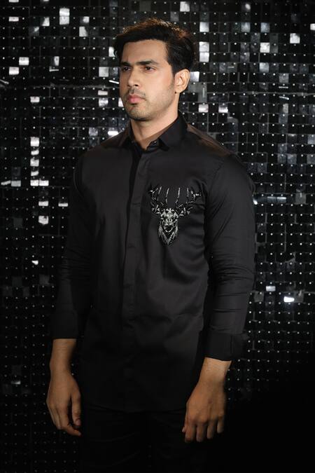 Sanjana Reddy Designs Black Stretchable Cotton Embroidered Cutdana Reindeer Shirt Online at Aza Fashions Sanjana Reddy Designs_Black Stretchable Cotton Embroidered Cutdana Reindeer Shirt _Online_at_Aza_Fashions