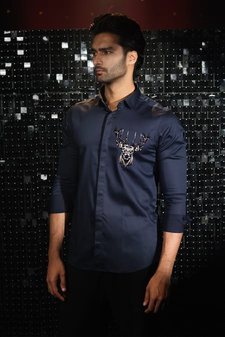 Shop Sanjana Reddy Designs Blue Stretchable Cotton Embroidered Cutdana Placed Reindeer Shirt at Aza Fashions Shop_Sanjana Reddy Designs_Blue Stretchable Cotton Embroidered Cutdana Placed Reindeer Shirt _at_Aza_Fashions