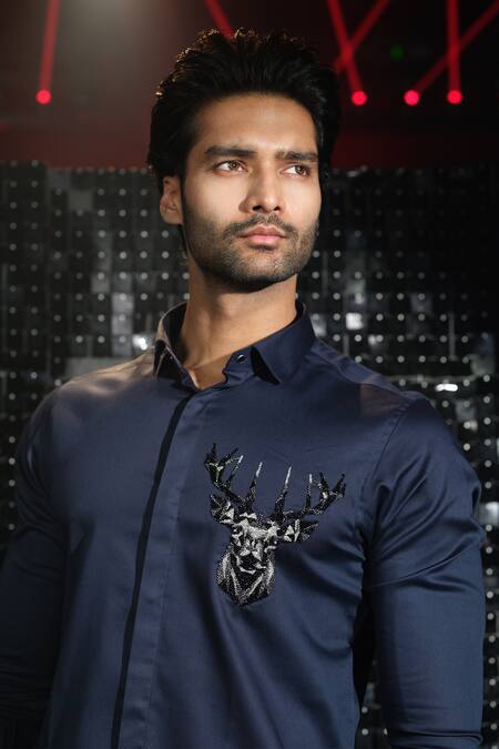 Sanjana Reddy Designs Blue Stretchable Cotton Embroidered Cutdana Placed Reindeer Shirt Online at Aza Fashions Sanjana Reddy Designs_Blue Stretchable Cotton Embroidered Cutdana Placed Reindeer Shirt _Online_at_Aza_Fashions