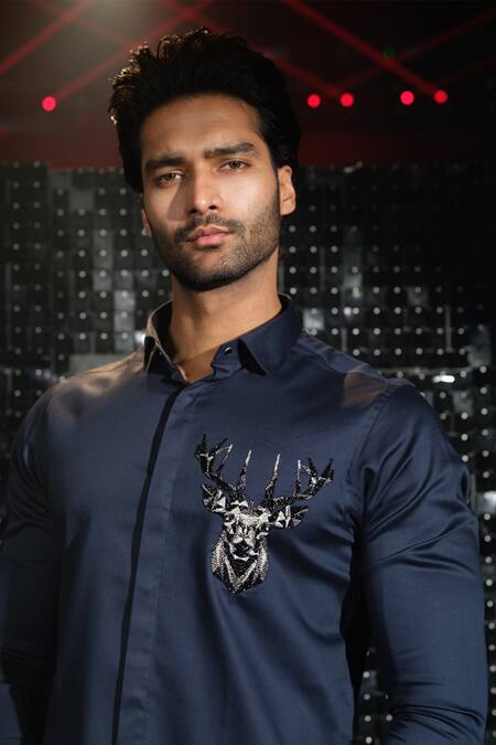 Buy Sanjana Reddy Designs Blue Stretchable Cotton Embroidered Cutdana Placed Reindeer Shirt Online at Aza Fashions Buy_Sanjana Reddy Designs_Blue Stretchable Cotton Embroidered Cutdana Placed Reindeer Shirt _Online_at_Aza_Fashions