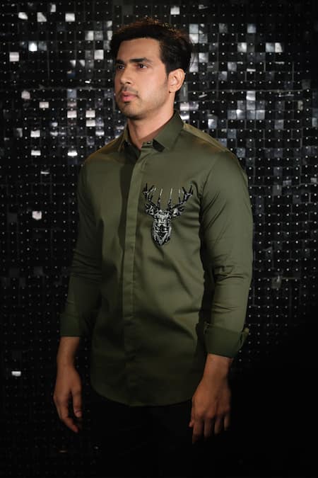 Shop Sanjana Reddy Designs Green Stretchable Cotton Embroidered Cutdana Gradient Reindeer Shirt at Aza Fashions Shop_Sanjana Reddy Designs_Green Stretchable Cotton Embroidered Cutdana Gradient Reindeer Shirt _at_Aza_Fashions