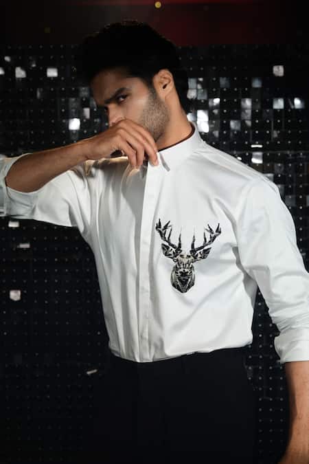 Shop Sanjana Reddy Designs White Cotton Embroidery Cutdana Reindeer Shirt Online at Aza Fashions Shop_Sanjana Reddy Designs_White Cotton Embroidery Cutdana Reindeer Shirt _Online_at_Aza_Fashions