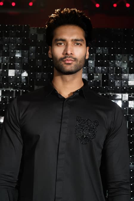 Sanjana Reddy Designs_Black Stretchable Cotton Embroidered Cutdana Tonal Shirt _Online_at_Aza_Fashions