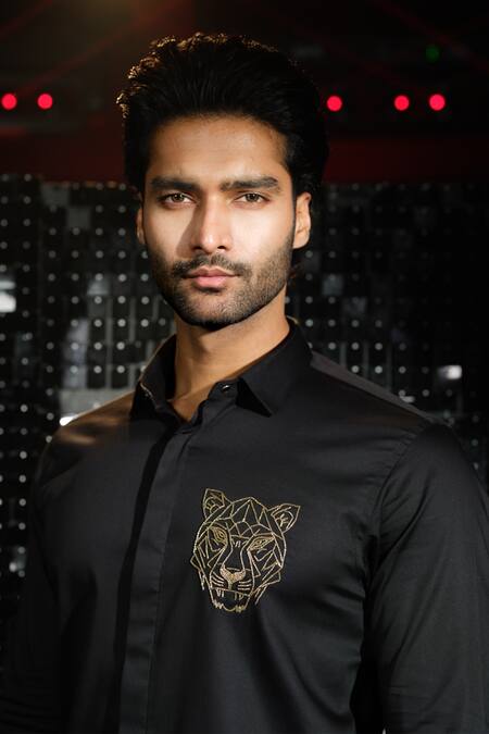 Sanjana Reddy Designs Black Stretchable Cotton Embroidered Cutdana Tiger Shirt Online at Aza Fashions Sanjana Reddy Designs_Black Stretchable Cotton Embroidered Cutdana Tiger Shirt _Online_at_Aza_Fashions