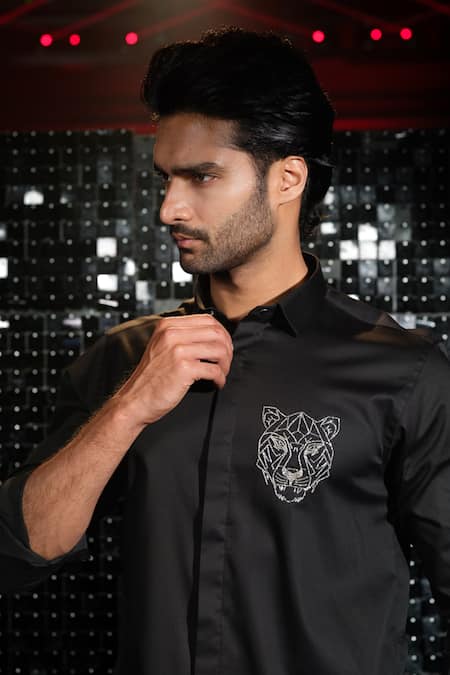 Sanjana Reddy Designs_Black Stretchable Cotton Embroidered Cutdana Tiger Shirt _Online_at_Aza_Fashions