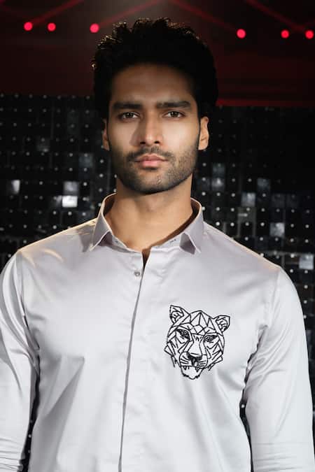 Shop Sanjana Reddy Designs Grey Stretchable Cotton Embroidered Cutdana Tiger Shirt at Aza Fashions Shop_Sanjana Reddy Designs_Grey Stretchable Cotton Embroidered Cutdana Tiger Shirt _at_Aza_Fashions