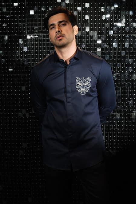 Shop Sanjana Reddy Designs Blue Stretchable Cotton Embroidered Cutdana Tiger Motif Shirt at Aza Fashions Shop_Sanjana Reddy Designs_Blue Stretchable Cotton Embroidered Cutdana Tiger Motif Shirt _at_Aza_Fashions