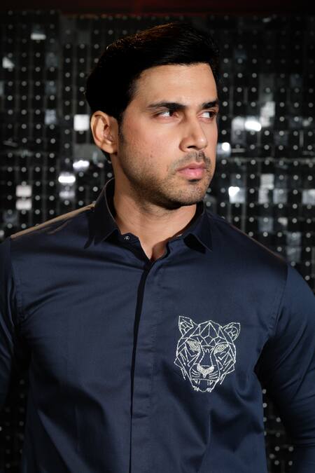 Sanjana Reddy Designs Blue Stretchable Cotton Embroidered Cutdana Tiger Motif Shirt Online at Aza Fashions Sanjana Reddy Designs_Blue Stretchable Cotton Embroidered Cutdana Tiger Motif Shirt _Online_at_Aza_Fashions