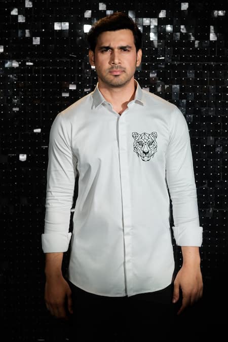 Shop Sanjana Reddy Designs White Stretchable Cotton Embroidered Cutdana Tiger Motif Shirt at Aza Fashions Shop_Sanjana Reddy Designs_White Stretchable Cotton Embroidered Cutdana Tiger Motif Shirt _at_Aza_Fashions