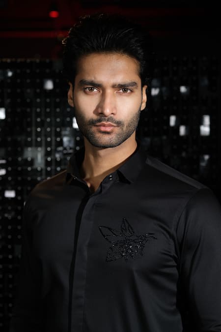 Shop Sanjana Reddy Designs Black Stretchable Cotton Embroidered Cutdana Bee Motif Shirt at Aza Fashions Shop_Sanjana Reddy Designs_Black Stretchable Cotton Embroidered Cutdana Bee Motif Shirt _at_Aza_Fashions