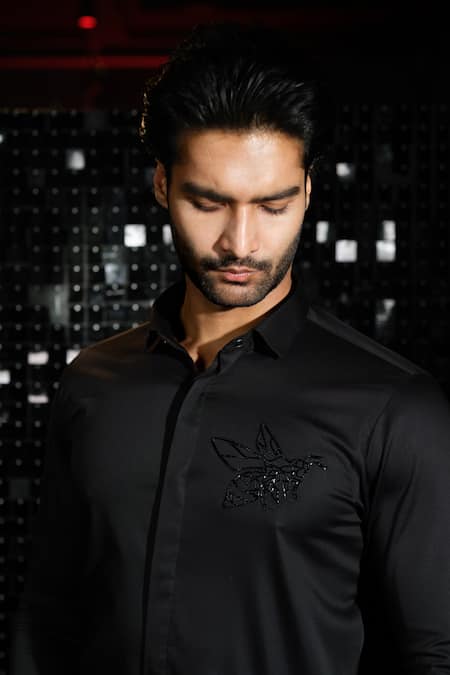 Sanjana Reddy Designs Black Stretchable Cotton Embroidered Cutdana Bee Motif Shirt Online at Aza Fashions Sanjana Reddy Designs_Black Stretchable Cotton Embroidered Cutdana Bee Motif Shirt _Online_at_Aza_Fashions