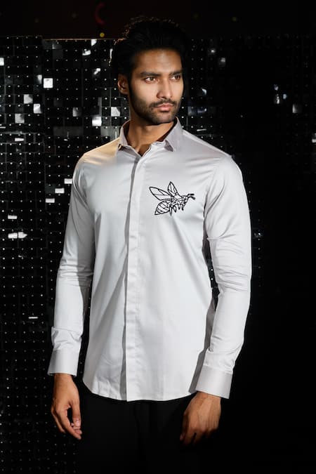 Shop Sanjana Reddy Designs Grey Stretchable Cotton Embroidered Cutdana Bee Shirt at Aza Fashions Shop_Sanjana Reddy Designs_Grey Stretchable Cotton Embroidered Cutdana Bee Shirt _at_Aza_Fashions