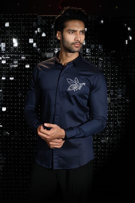 Shop Sanjana Reddy Designs Blue Stretchable Cotton Embroidered Cutdana Bee Shirt at Aza Fashions Shop_Sanjana Reddy Designs_Blue Stretchable Cotton Embroidered Cutdana Bee Shirt _at_Aza_Fashions