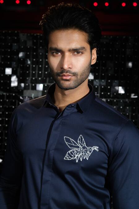 Sanjana Reddy Designs Blue Stretchable Cotton Embroidered Cutdana Bee Shirt Online at Aza Fashions Sanjana Reddy Designs_Blue Stretchable Cotton Embroidered Cutdana Bee Shirt _Online_at_Aza_Fashions