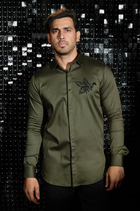 Shop Sanjana Reddy Designs Green Stretchable Cotton Embroidered Cutdana Bee Shirt at Aza Fashions Shop_Sanjana Reddy Designs_Green Stretchable Cotton Embroidered Cutdana Bee Shirt _at_Aza_Fashions