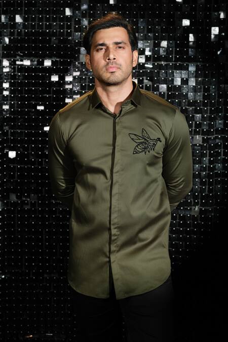 Sanjana Reddy Designs Green Stretchable Cotton Embroidered Cutdana Bee Shirt Online at Aza Fashions Sanjana Reddy Designs_Green Stretchable Cotton Embroidered Cutdana Bee Shirt _Online_at_Aza_Fashions